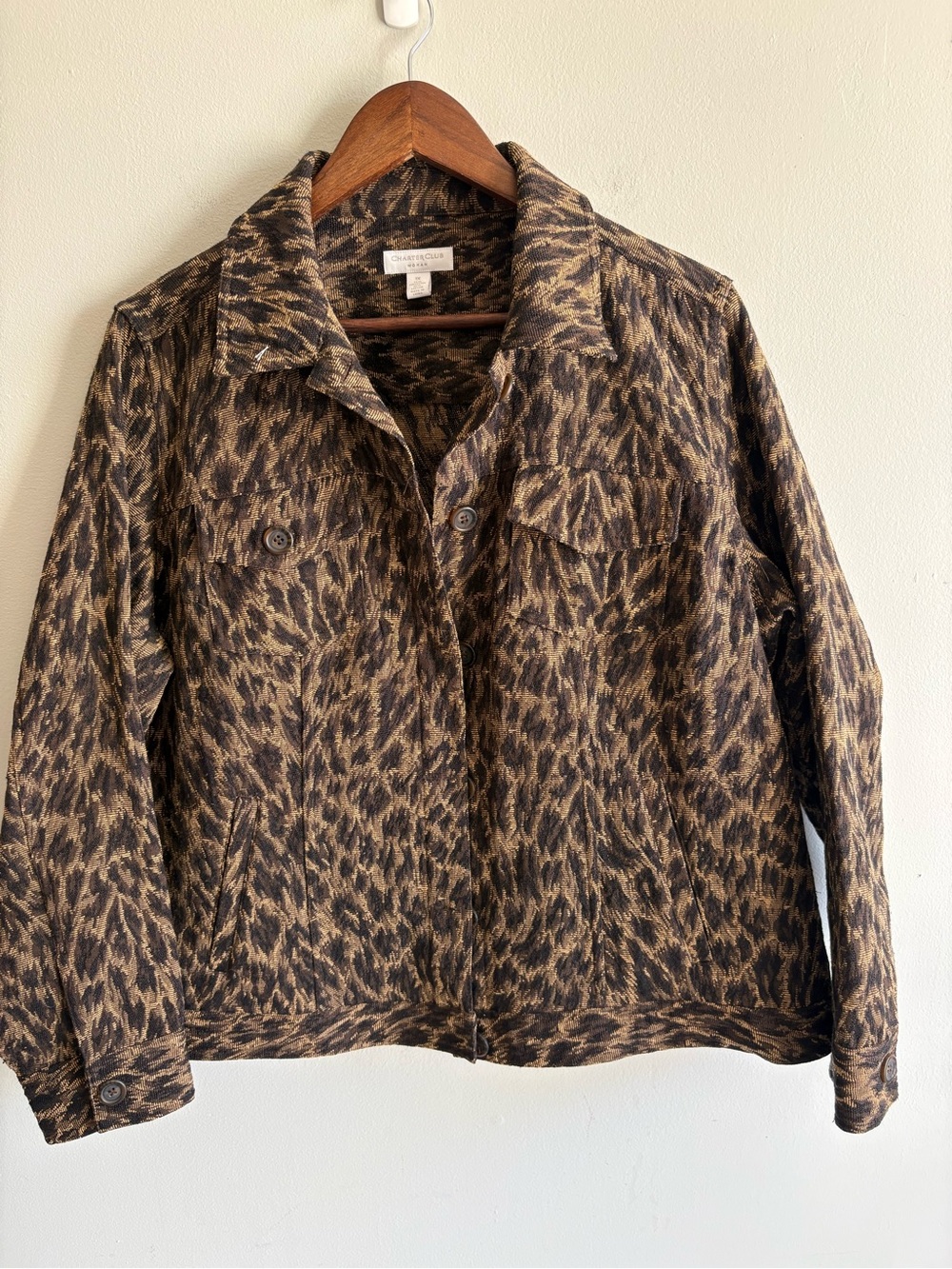 Charter Club 1X Leopard Animal Print Textured Button Front Jacket Brown Fall